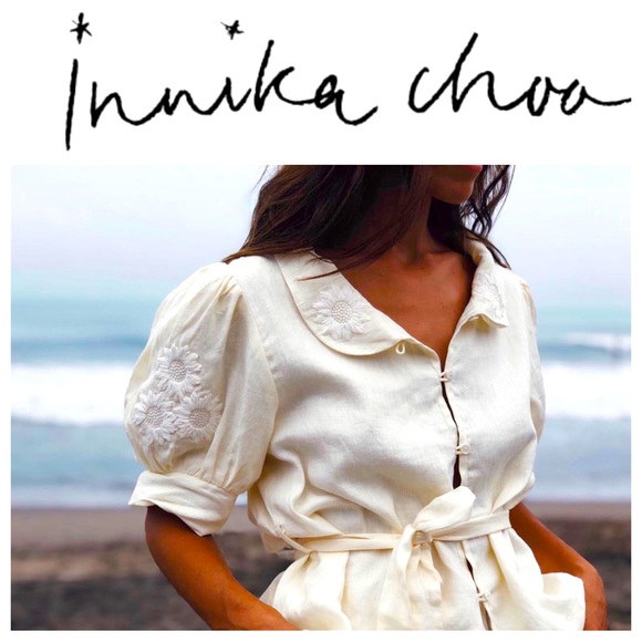 Innika Choo Tops - Innika Choo Linen Blouse Size Small Butter Yellow Daisy Embroidery w Tie Belt
